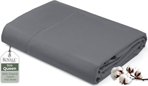 "Royale Linens 100% Organic Cotton Queen Flat Sheet Only - Super Soft - Percale Top Sheets - Queen Flat Sheet Sold Separately - Breathable, Cool & Crisp Grey Sheets Only (90"" x 102"", Grey)"