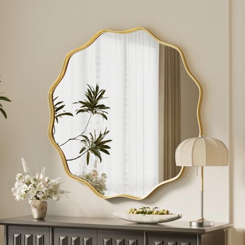 "VooBang Gold Scalloped Circle Mirror, 24"" Wavy Edge Round Wall Mirror - Tempered Glass Textured Circular Metal Deep Frame, Hanging Leaning for Bathroom, Hallway, Entryway, Living Room"