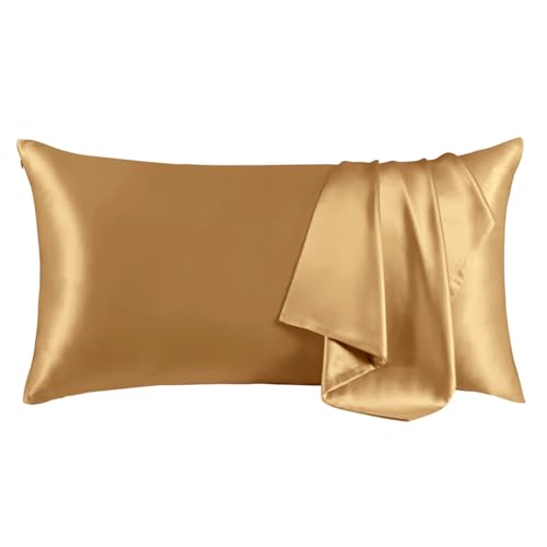 "THXSILK Set of 2 100% Mulberry Silk Pillowcase for Hair and Skin Health, Soft Breathable and Smooth Pillowcases with Hidden Zipper, Both Sides Pure Silk, California King 20""x40"", Metallic Gold"