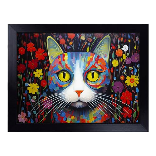 Lap Tray with Bean Bag Cushion, Cat Orphism - Handmade in the UK, Raised Wooden Edge, Padded Cushion, Heat-Resistant Wipe-Clean Surface, for Meals, Laptops and Crafts