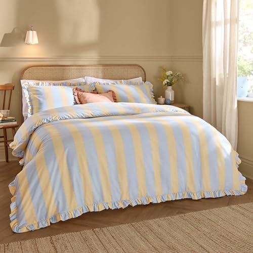 Wylder Birdie Stripe Duvet Cover Set – Reversible Ruffled Cotton Rich Striped Bedding (Lemon/Sky - Super King)