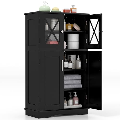 RELAX4LIFE Bathroom Tall Cabinet, 3-Height Adjustable Free Standing Cupboard with Double Door Cabinet, Wooden Storage Organiser Unit for Entryway Living Room Kitchen (Black,X-Shaped Door Cabinet)