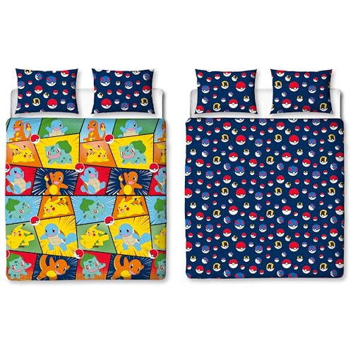 Pokemon Official Double Duvet Cover Set, Retro Design - Blue Reversible Pikachu Squirtle Charmander 2 Sided Bedding Cover Official Merchandise Including Matching Pillow Cases
