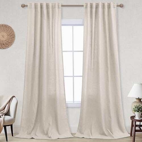 Tan Beige Rustic Curtains 42x96 Inches Long for Living Room 2 Panels Set Sheer Natural Flax Faux Linen Polyester Blended Thick Burlap Farmhouse Look Primitive Country Curtains for Bedroom Decor
