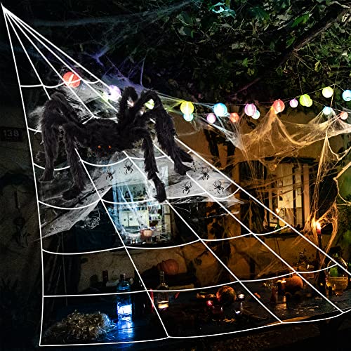 "GIGALUMI Halloween Decorations 23FT Giant Spider Web with 35"" Huge Black Hairy Spider,Super Stretch Cobwebs and 20PCS Small Fake Spiders for Halloween Decorations Outdoor Yard Decor, White"