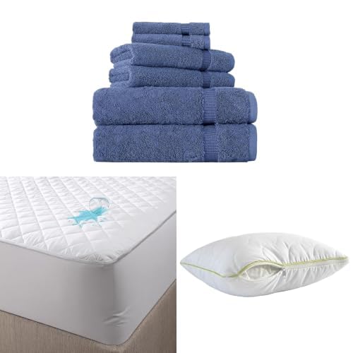BERIBO Comfort Towel Set with Pillow & Mattress Protector (Super King, Navy)