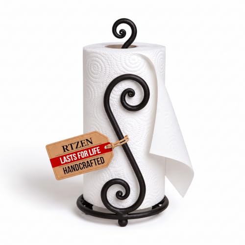 Fancy Paper Towel Holder Stand - Black Stylish Wrought Iron - Classic Decorative Countertop Authentic Rod Metal Hand Forged Stand Up Holder - Handmade Crafted by RTZEN-D??cor