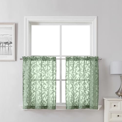 "Lecloud Leia Sage Green Sheer Kitchen Curtains 24 Inch Length 2 Pcs, Jacquard Leaf Textured Voile Short Curtains with Dual Rod Pocket, Farmhouse Bedroom Living Room Tiers, 30"" W x 24"" L"