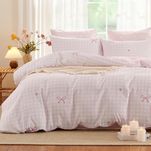 Erwinmu Gingham Comforter Set Queen Size,3 Pieces Pink Plaid Bow Ties Comforter Bedding Sets Reversible Pattern for Girls Kids,Cozy Breathable Microfiber Comforter and 2 Pillowcases