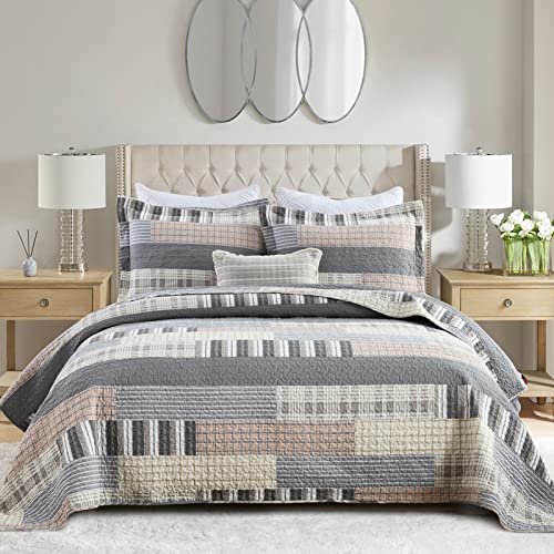 SahSahCasa Quilt Queen Size, Queen Quilt Set, 100% Cotton Queen Quilt Bedding Set Bedspreads, Farmhouse Reversible Patchwork Lightweight Plaid Quilts Bedspread for All Season, Gray/Brown, 3PCs