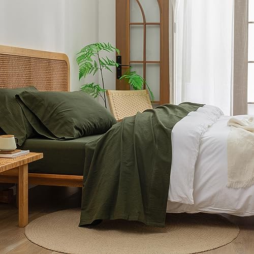 BESTOUCH Twin Washed Cotton Linen Feel Sheet Set 3pc Solid Olive Green - 3 Piece Sheets, Deep Pockets with All???Around Elastic, Linen-Like Texture, Extra Soft & Breathable, No???Iron