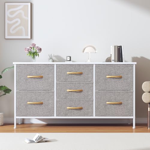 Feonase Chest of Drawers,Bedroom Dresser with 7 Fabric Drawers, Metal Frame & MDF Wood Top, Adjustable Feet, Storage Organizer Unit for Bedroom, Closet, Living Room, Office Hallway, Light Grey