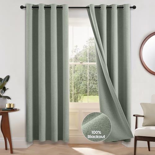 COSVIYA 100% Blackout Sage Green Linen Curtains & Drapes 72 Inch Length 2 Panels Set, Full Room Darkening Grommet Insulated Thermal Window Panels for Bedroom/Living Room,52x72 inches