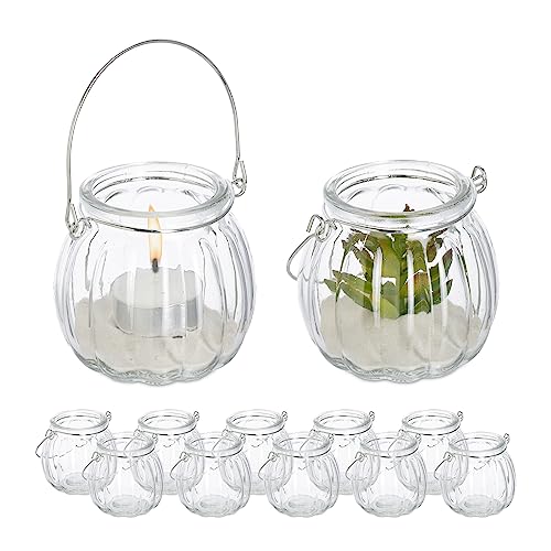 Relaxdays Candle Lanterns, Set of 12, with Handle, Round Glass, Tealight Holders, 7.5 x 8 cm, Indoors & Outdoors, Clear