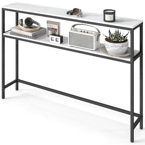 VASAGLE Console Table, 2-Tier Slim Sofa Table, 20 x 120 x 80 cm, Hallway Table with 2 Shelves, for Living Room, Entryway, Marble White and Ink Black LNT133W59V1
