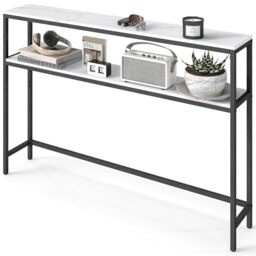 VASAGLE Console Table, 2-Tier Slim Sofa Table, 20 x 120 x 80 cm, Hallway Table with 2 Shelves, for Living Room, Entryway, Marble White and Ink Black LNT133W59V1