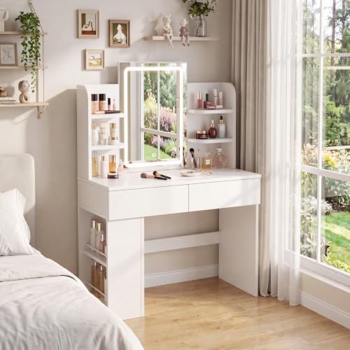 JUMMICO Dressing Table,3 Color LED Mirror,Adjustable Brightness