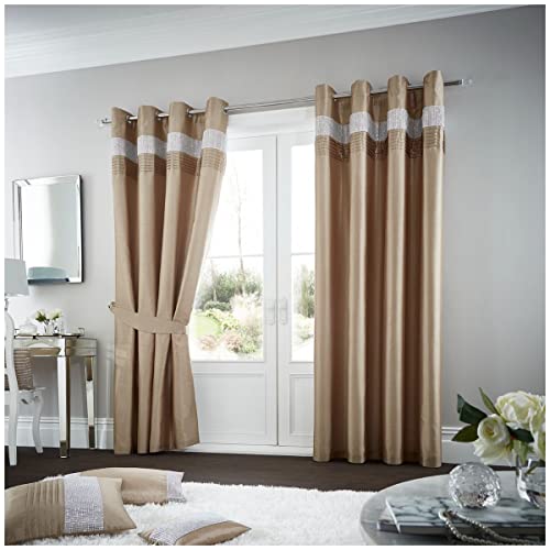 "Gaveno Cavailia Oxy Eyelet Curtains Latte, 100% Polyester Luxury Ring Top Drapery with Matching Tie Backs, Two 66""x90"" Glamorous Panels, Easy Care Window Treatment, 66x90 Inches"