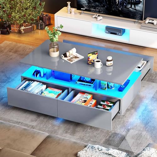 YITAHOME Coffee Table with Storage, High Glossy LED Coffee Tables for Living Room, Grey Coffee Table with Open Display Shelf and Sliding Drawers, 90x55x41.1cm