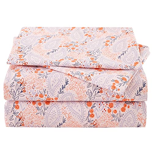 JSD Pink Floral Sheet Set King Size, Blue Paisley Print Microfiber Bed Sheets 4 Piece, Soft Wrinkle Free
