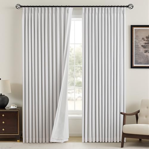 "YZ HOME Pinch Pleated Linen Curtains 100% Blackout 90 Inches Long for Living Room Bedroom, Memory Trained Thermal Insulated Room Darkening Window Drapes with Rings Hooks, 2 Panels, White, 40"" Wx90 L"