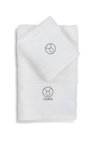 zer0bed Zodiac Zodiac Bath Towel Set, Set of 2, Face Towel, Guest Towel-Bidet, 100% Cotton, Plain with Embroidery, Taurus
