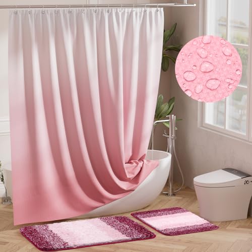 XLHOMO Shower Curtain Set Pink Bathroom Sets with Shower Curtain and Rugs Ombre Waterproof Pink Shower Curtain with Non-Slip Bathroom Rugs for Hotel Shower Bathroom Decor