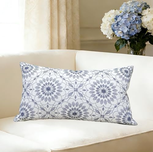 Slow Cow Linen Embroidery Decorative Lumbar Throw Pillow Cover Pillowcase Rectangular Pillow Cover Cushion Cover for Bed Couch Sofa 12 x 20 Inches Navy Blue