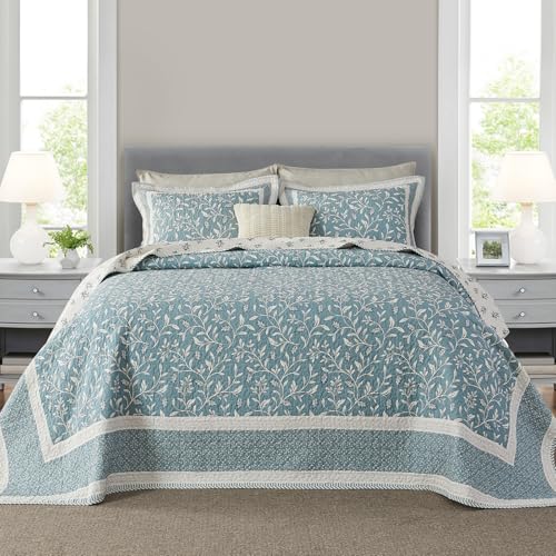 "FineStichery Oversized Quilt Bedspread Coverlet Set, 120""x120"" 100% Cotton Super King Quilt, Botanical Pattern, Lightweight Quilted Reversible Bedding Set with 2 Pillow Shams, Teal/Beige"