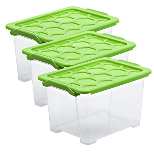 Rotho Evo Safe Keeping Set of 3 Storage Boxes 15 L with Lid, Food-Grade Plastic (PP) BPA-Free, Transparent/Green, 15 L (39.3 x 28.3 x 23.0 cm)