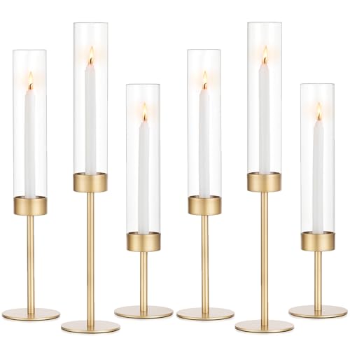 Romadedi Glass Hurricane Candlestick Holders Gold Set of 6 Taper Candle Holder Bulk Tall Clear Glass Cylinder Table Centerpiece Wedding Decor Party Birthday Christmas Home Decorations