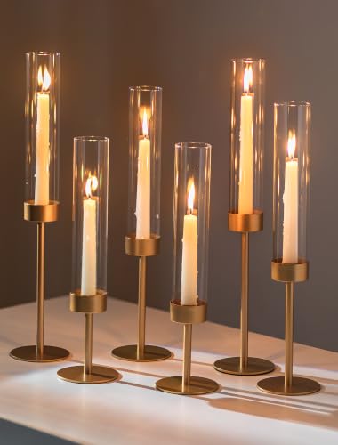 Romadedi Glass Hurricane Candlestick Holders Gold Set of 6 Taper Candle Holder Bulk Tall Clear Glass Cylinder Table Centerpiece Wedding Decor Party Birthday Christmas Home Decorations