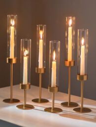 Romadedi Glass Hurricane Candlestick Holders Gold Set of 6 Taper Candle Holder Bulk Tall Clear Glass Cylinder Table Centerpiece Wedding Decor Party Birthday Christmas Home Decorations