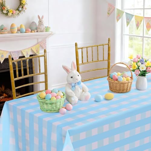 Fanqisi Light Blue Checkered Tablecloth Easter Tablecloth- 57 x 84 Inch Waterproof Tablecloth Rectangle Gingham Table Cover for Birthday Wedding Bridal Shower Spring Party Decoration