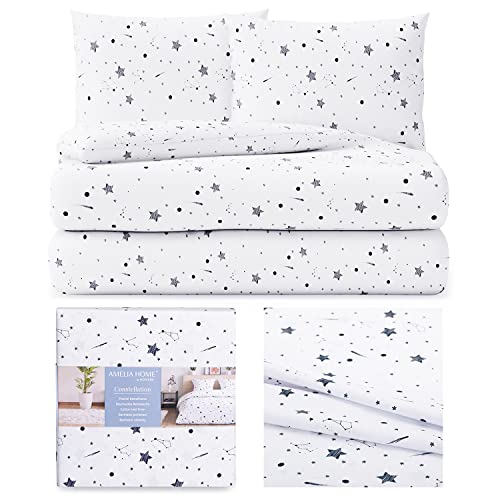 AmeliaHome 3-Piece Bed Linen 200 x 200 cm with 2 Pillowcases 80 x 80 cm 100% Cotton Zip Averi Star Pattern Constellation