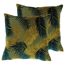 Paoletti Palm Grove Polyester Filled Cushions (Twin Pack), Gold/Teal, 50 x 50cm,K2-PALMGR/HF3/GLTE