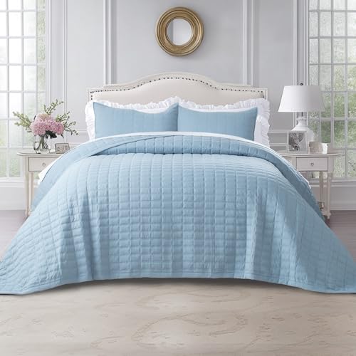 KASENTEX Quilt-Bedding-Coverlet-Blanket-Set, Machine Washable, Ultra Soft, Lightweight, Stone-Washed, Detailed Stitching - Hypoallergenic - Solid Color (Grey Blue, Oversized Queen + 2 Shams)