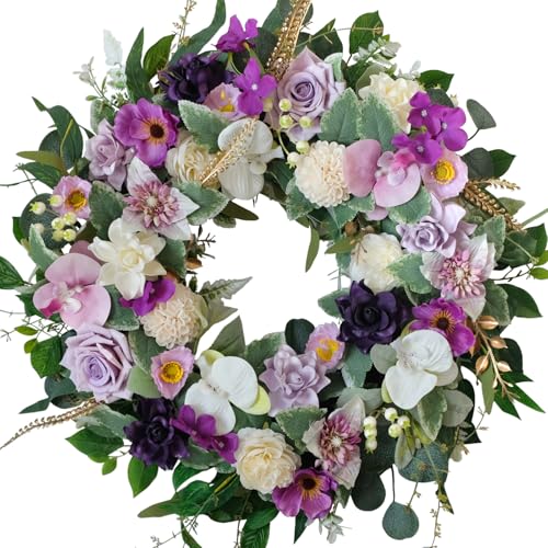 "22"" Artificial Flower Wreath Spring/Summer Floral Wreaths for Front Door with Roses Orchid Gardenia Dahlia Full and Elegant Decor for Inside Outside Wall Window Festival Party Wedding ???White Purple???"