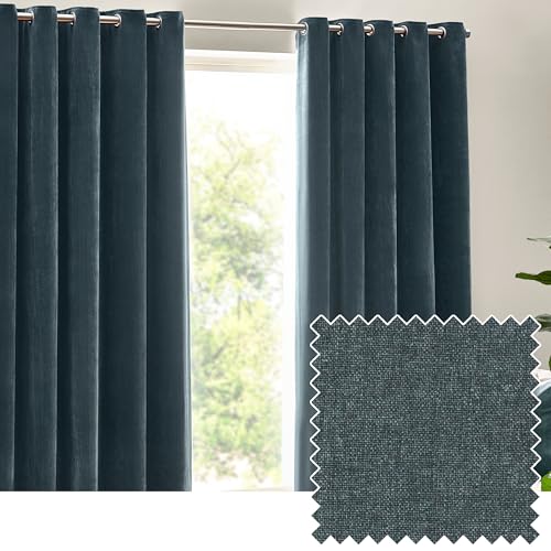 Yard Heavy Chenille Eyelet Curtain Pair – Lined Room Darkening, Soft Velvet Home Décor (Marine - Width 229 x Drop 229cm)