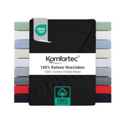 Komfortec Double Fitted Sheet 100% Cotton, 11 inch (30 cm) Deep Pocket - Black