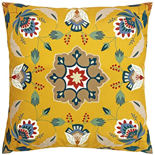 furn. Folk Flora Cushion Cover – Water Resistant Folk Art Floral Mandala Outdoor Decorative Case (Ochre - 43x43cm)