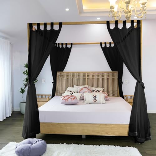 Linentalks Sheer Canopy Bed Curtains - Queen, Full & Twin, 4 Corner Canopies & Drapes, Four Poster Bed Canopy Curtains, Black