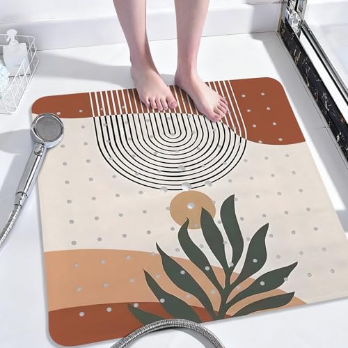 Leaves Square Anti Slip Shower Mats for Inside Shower Accessories, Boho Bath Mats for Bathroom Non Slip Shower Floor Mat Decor Rubber Bathmat with Suction and Drain Holes Machine Washable, 21???X21???