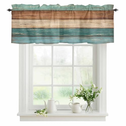 "Rustic Farmhouse Valances Curtains for Kitchen Windows, Retro Wood Rod Pocket Curtain Toppers Teal Green Brown Country Short Curtains Treatments for Bedroom/Living Room/Bathroom,54"" X 18""-1 Panel"