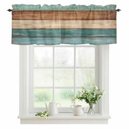 "Rustic Farmhouse Valances Curtains for Kitchen Windows, Retro Wood Rod Pocket Curtain Toppers Teal Green Brown Country Short Curtains Treatments for Bedroom/Living Room/Bathroom,54"" X 18""-1 Panel"