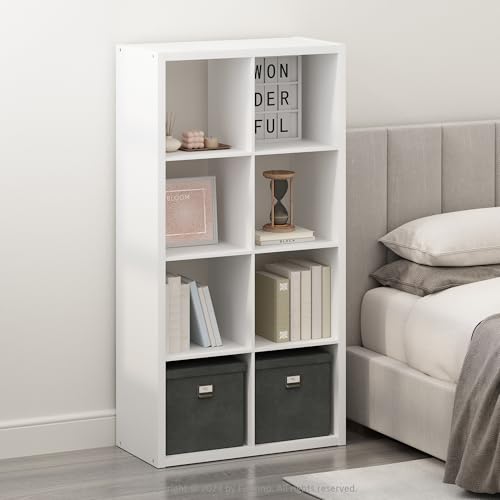 Furinno SIMPLE Cube Storage Organizer, 8-Cube Display Shelf, Open Back Shelving Unit, Storage Shelves, Extra Thick Frame, for Organization and Storage, Living Room, Home Office, White