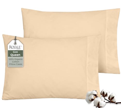 "ROYALE LINENS 100% Organic Cotton Percale Pillowcases Set of 2 - Queen Size Percale Pillowcase - Queen Set of 2 Pillow Cover - Breathable, Cool & Crisp Pillow Cases (20""x30"", Sand)"