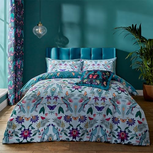 Catherine Lansfield Mya Tropical Floral Reversible Double Duvet Cover Set with Pillowcases Duck egg Blue