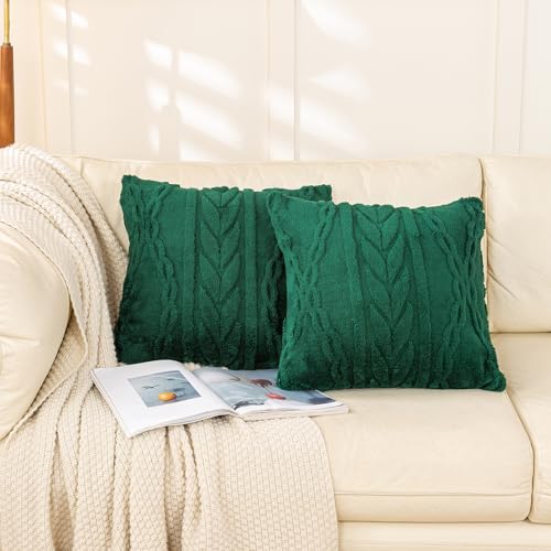 "YUSOKI Sherpa Throw Pillow Covers-3D Stylish Design,Set of 2-Decorative Fuzzy Fluffy Cozy Pillow Cases for Sofa Couch Bedroom Without Insert(Forest Green,18""x18"")"