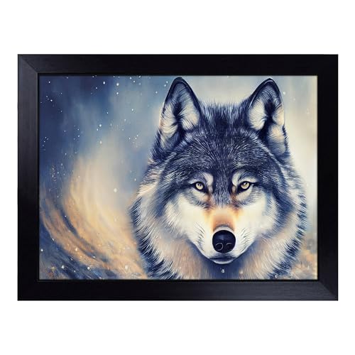 Lap Tray with Bean Bag Cushion, Wolf Art Painting - Handmade in the UK, Raised Wooden Edge, Padded Cushion, Heat-Resistant Wipe-Clean Surface, for Meals, Laptops and Crafts